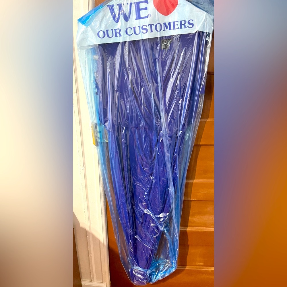 Dry cleaned and ready to wear royal blue dress with sequins on the arms.